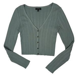 Guess Crop Cardigan Sweater Women's Large Olive Green V Neck Stretch Long Sleeve
